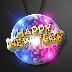 Happy New Year Disco Ball Blinkies on Black String Lanyard