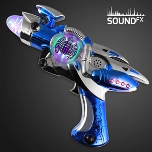 Large blue light up sound effects gun with spinning globe