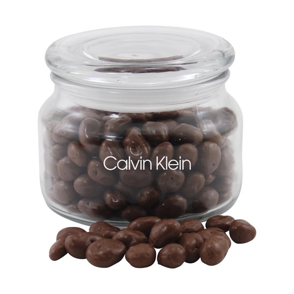 Chocolate Covered Raisins in a Glass Jar with Lid - Image 1