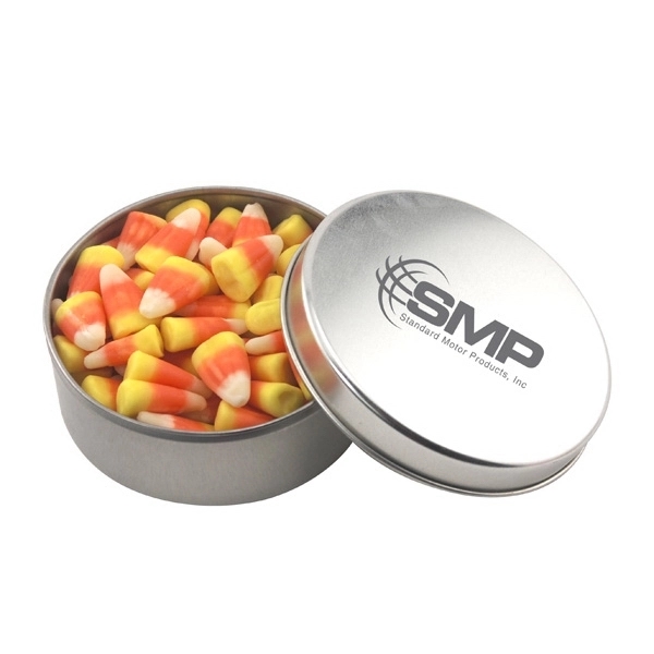 Large Round Metal Tin with Lid and Candy Corn - Image 1