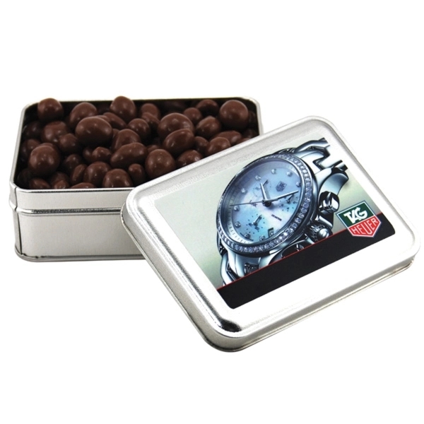 Chocolate Covered Peanuts in a metal gift box with lid - Image 1