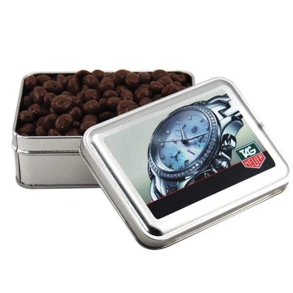 Chocolate Covered Raisins in a metal gift box with lid - Image 1