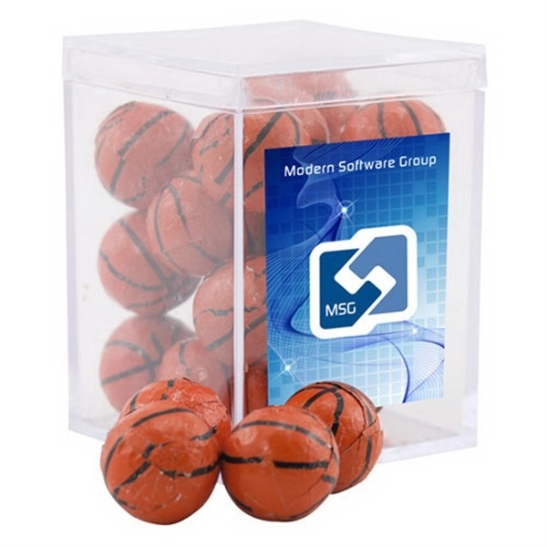 Chocolate Basketballs in a Clear Acrylic Square Box