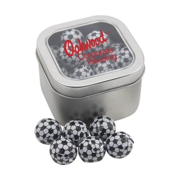 Large Tin with Window Lid and Chocolate Soccer Balls - Image 1
