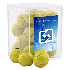 Chocolate Tennis Balls in a Clear Acrylic Square Box