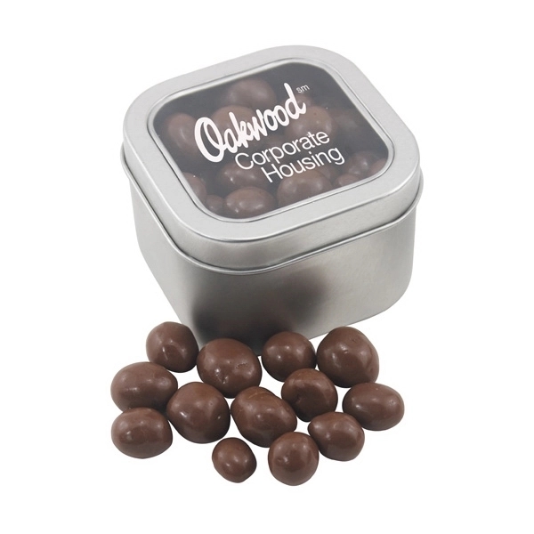 Large Tin with Window Lid and Chocolate Covered Peanuts - Image 1