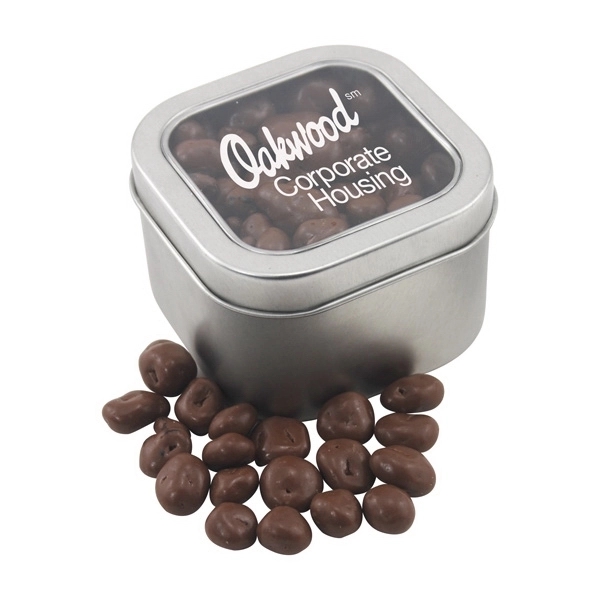 Large Tin with Window Lid and Chocolate Covered Raisins - Image 1