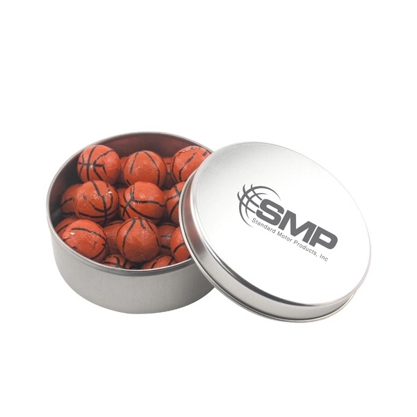 Large Round Metal Tin with Lid and Chocolate Basketballs - Image 1