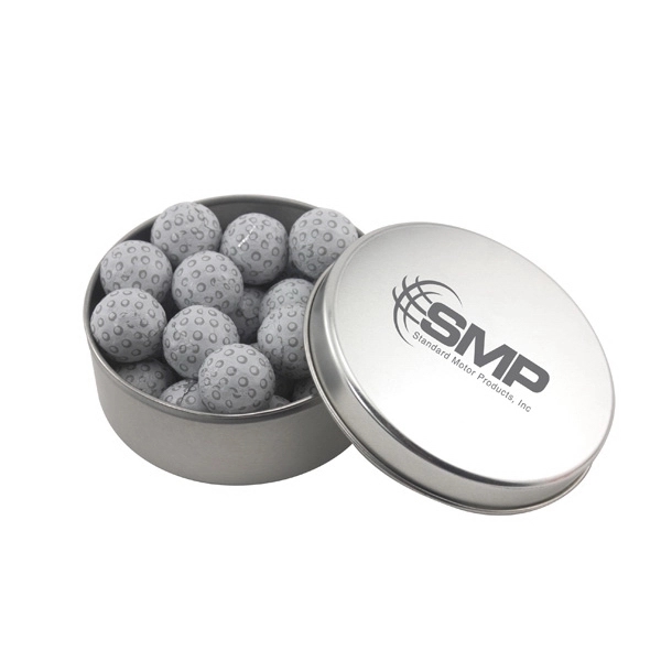 Large Round Metal Tin with Lid and Chocolate Golf Balls - Image 1