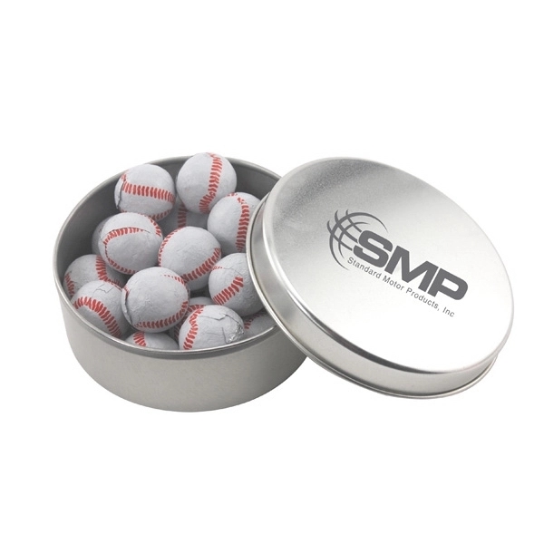 Large Round Metal Tin with Lid and Chocolate Baseballs - Image 1