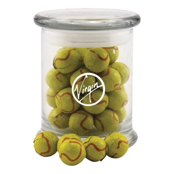 Chocolate Tennis Balls in a Large Round Glass Jar with Lid