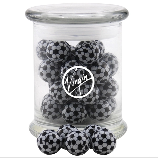 Chocolate Soccer Balls in a Large Round Glass Jar with Lid