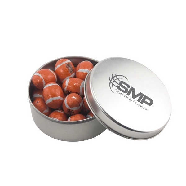 Large Round Metal Tin with Lid and Chocolate Footballs - Image 1