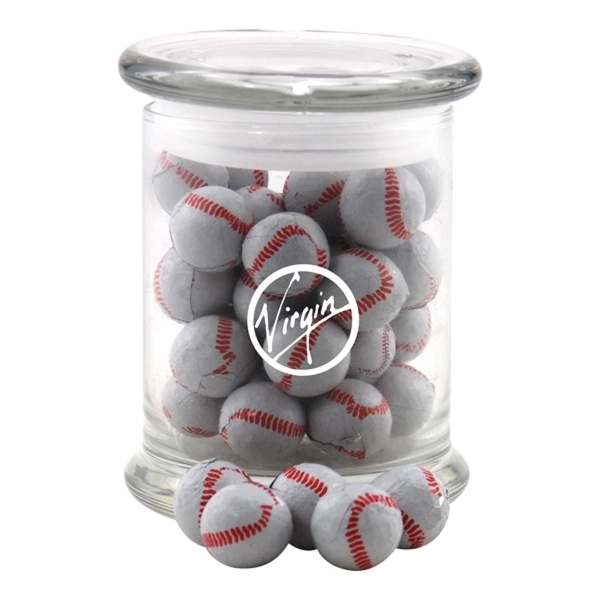 Chocolate Baseballs in a Large Round Glass Jar with Lid - Image 1
