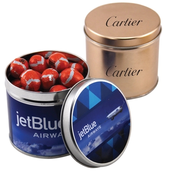 Chocolate Footballs in a 3.5" Round Metal Tin with Lid - Image 1
