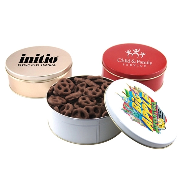 Chocolate Covered Pretzels in a Round Tin with Lid-7.25" D - Image 1