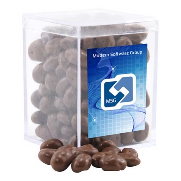 Chocolate Covered Raisins in a Clear Acrylic Square Box - Image 1