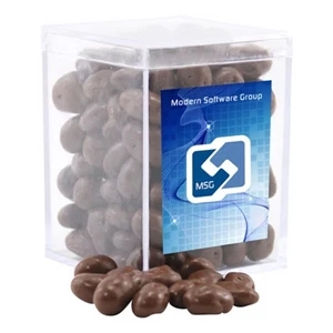 Chocolate Covered Raisins in a Clear Acrylic Square Box
