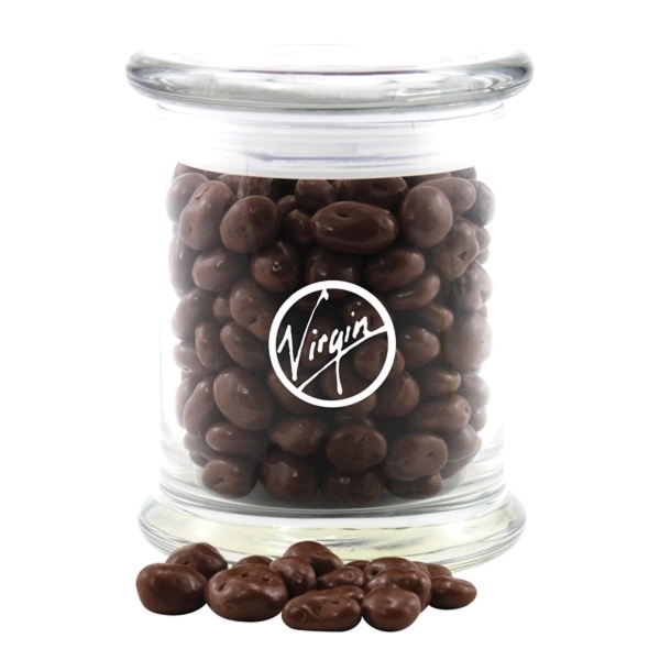Large Round Glass Jar with Lid-Chocolate Covered Raisins - Image 1