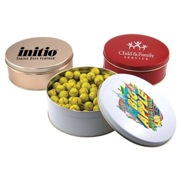 Chocolate Tennis Balls in a Round Tin with Lid-7.25" D - Image 1