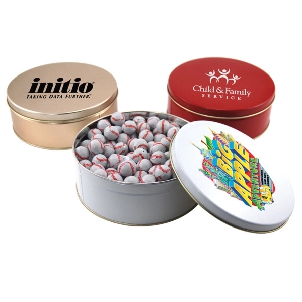 Chocolate Baseballs in a Round Tin with Lid-7.25" D - Image 1
