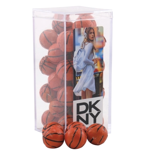 Chocolate Basketballs in a Clear Acrylic Square Tall Box - Image 1