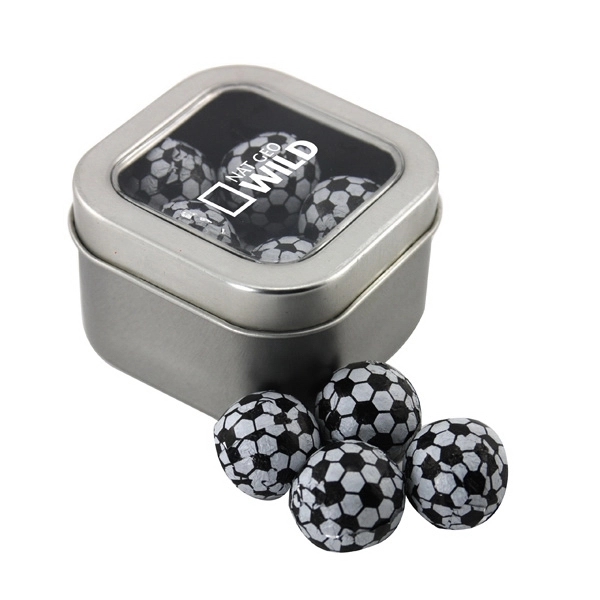 Tin with Window Lid and Chocolate Soccer Balls - Image 1