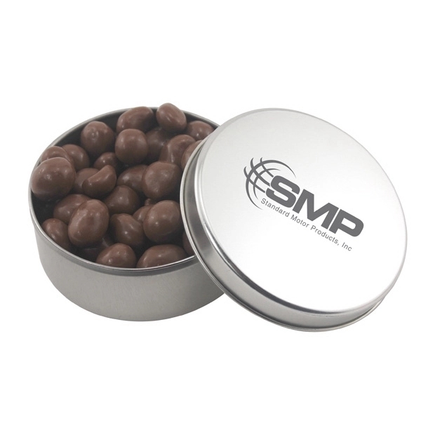 Large Round Metal Tin with Lid and Chocolate Covered Peanuts - Image 1