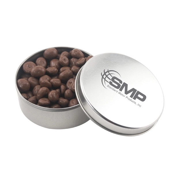Large Round Metal Tin with Lid and Chocolate Covered Raisins - Image 1