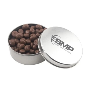 Large Round Metal Tin with Lid and Chocolate Covered Raisins
