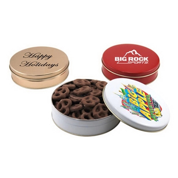 Chocolate Covered Pretzels in a Round Tin with Lid-6" D - Image 1