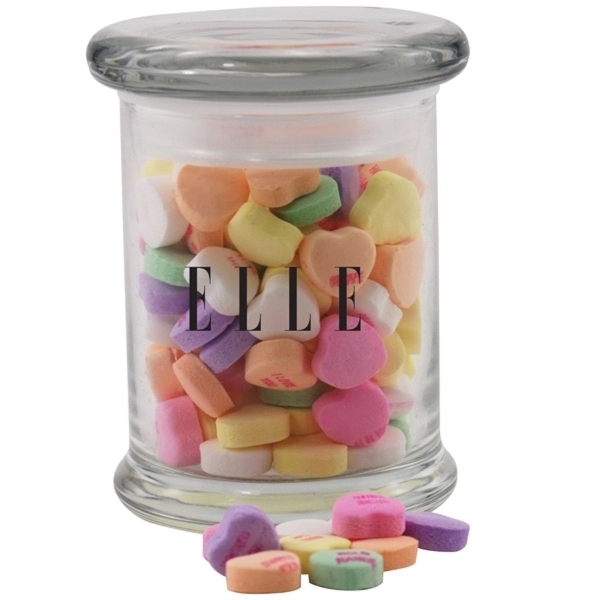 Conversation Hearts Candy in a Round Glass Jar with Lid - Image 1