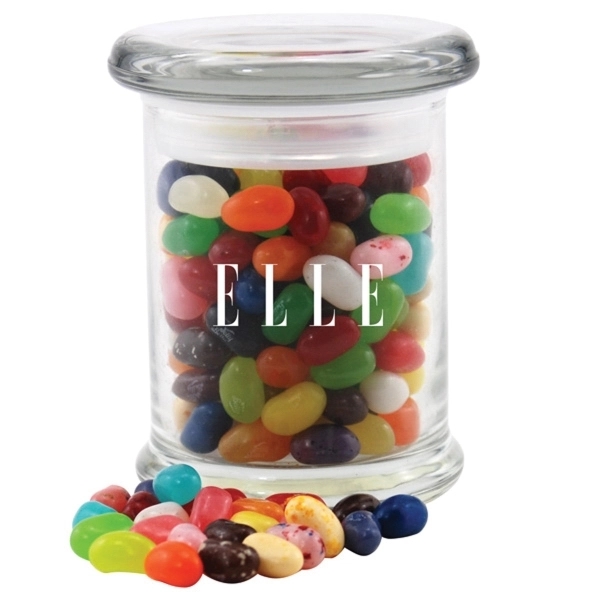Jelly Bellies Candy in a Round Glass Jar with Lid - Image 1