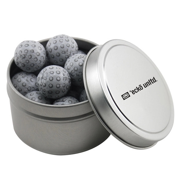 Round Metal Tin with Lid and Chocolate Golf Balls - Image 1