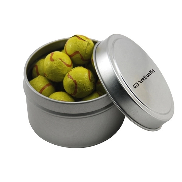 Round Metal Tin with Lid and Chocolate Tennis Balls - Image 1