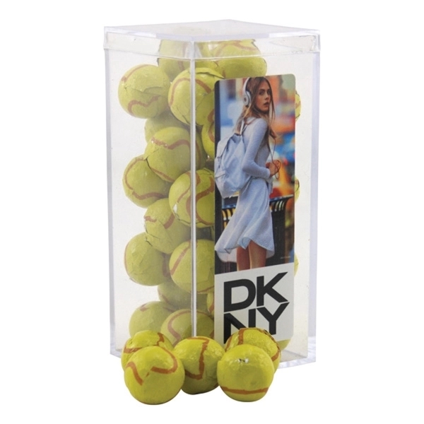 Chocolate Tennis Balls in a Clear Acrylic Square Tall Box - Image 1