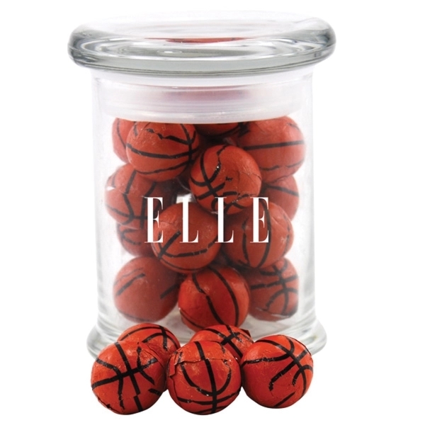Chocolate Basketballs in a Round Glass Jar with Lid - Image 1