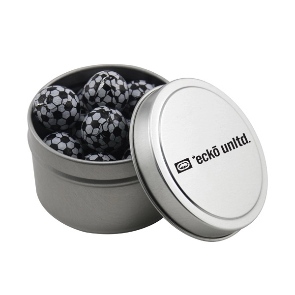 Round Metal Tin with Lid and Chocolate Soccer Balls - Image 1
