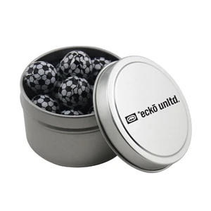 Round Metal Tin with Lid and Chocolate Soccer Balls