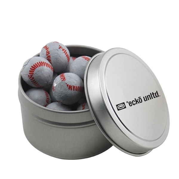 Round Metal Tin with Lid and Chocolate Baseballs - Image 1