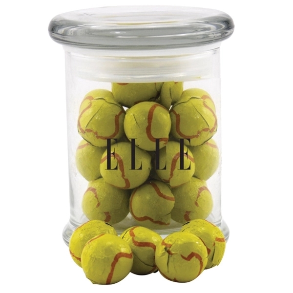 Chocolate Tennis Balls in a Round Glass Jar with Lid - Image 1