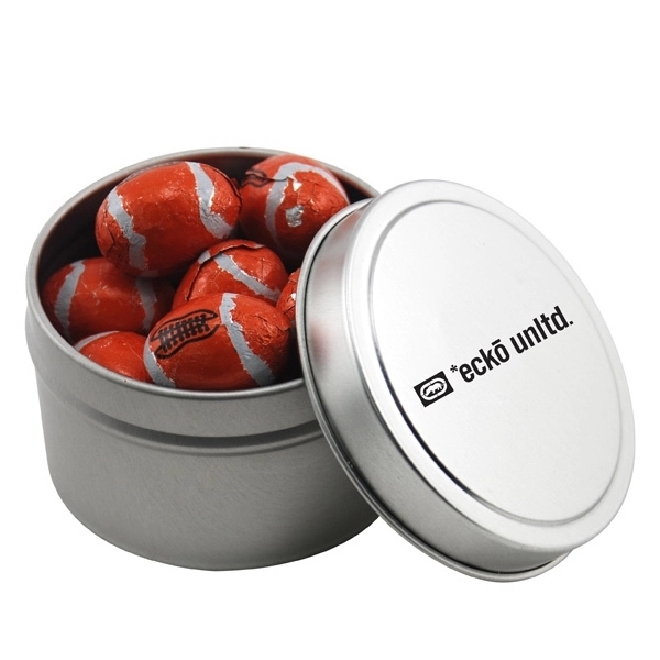 Round Metal Tin with Lid and Chocolate Footballs - Image 1