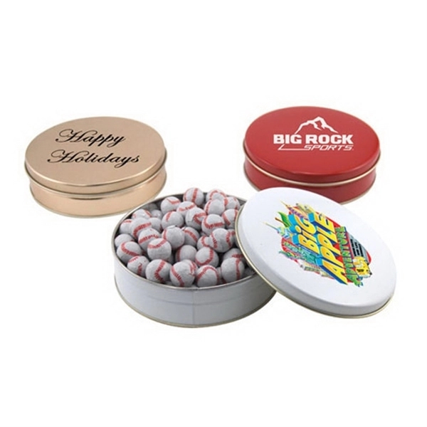 Chocolate Baseballs in a Round Tin with Lid-6" D - Image 1