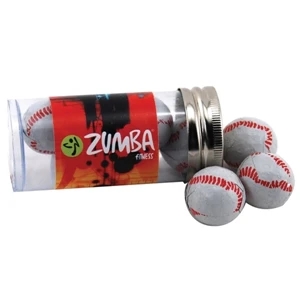 Chocolate Baseballs in a 3 " Plastic Tube with Metal Cap