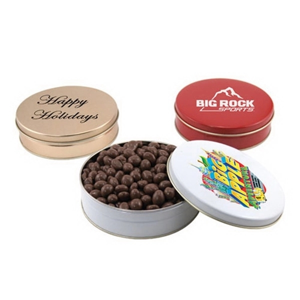 Chocolate Covered Peanuts in a Round Tin with Lid-6" D - Image 1