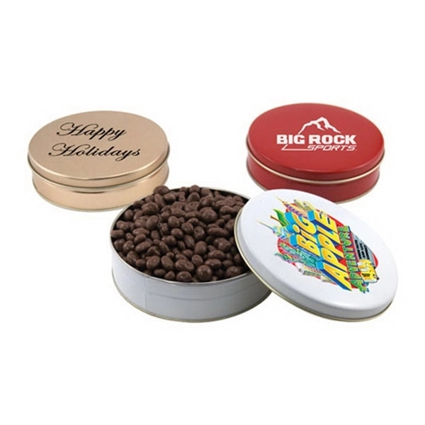 Chocolate Covered Raisins in a Round Tin with Lid-6" D - Image 1