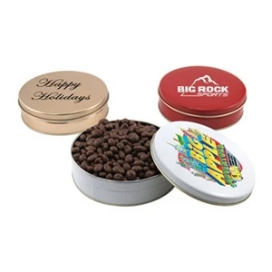 Chocolate Covered Raisins in a Round Tin with Lid-6" D
