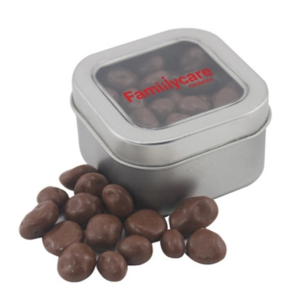Tin with Window Lid and Chocolate Covered Raisins - Image 1