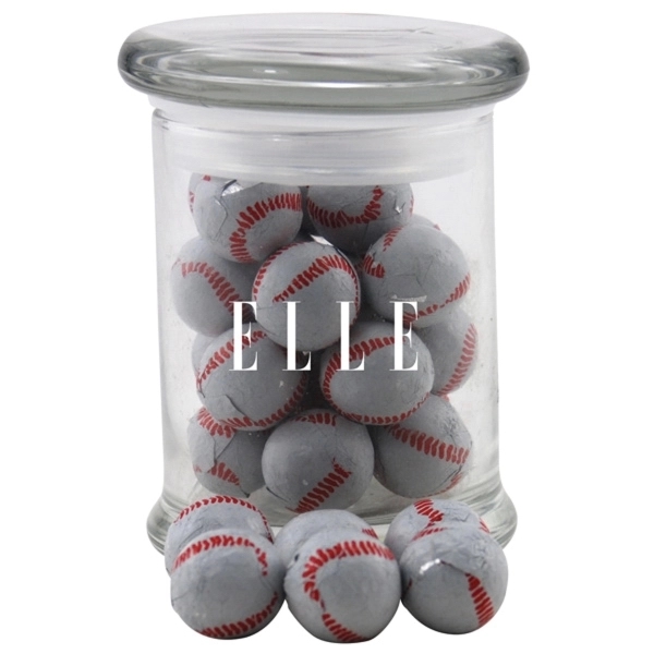 Chocolate Baseballs in a Round Glass Jar with Lid - Image 1