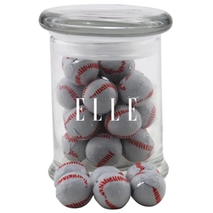 Chocolate Baseballs in a Round Glass Jar with Lid
